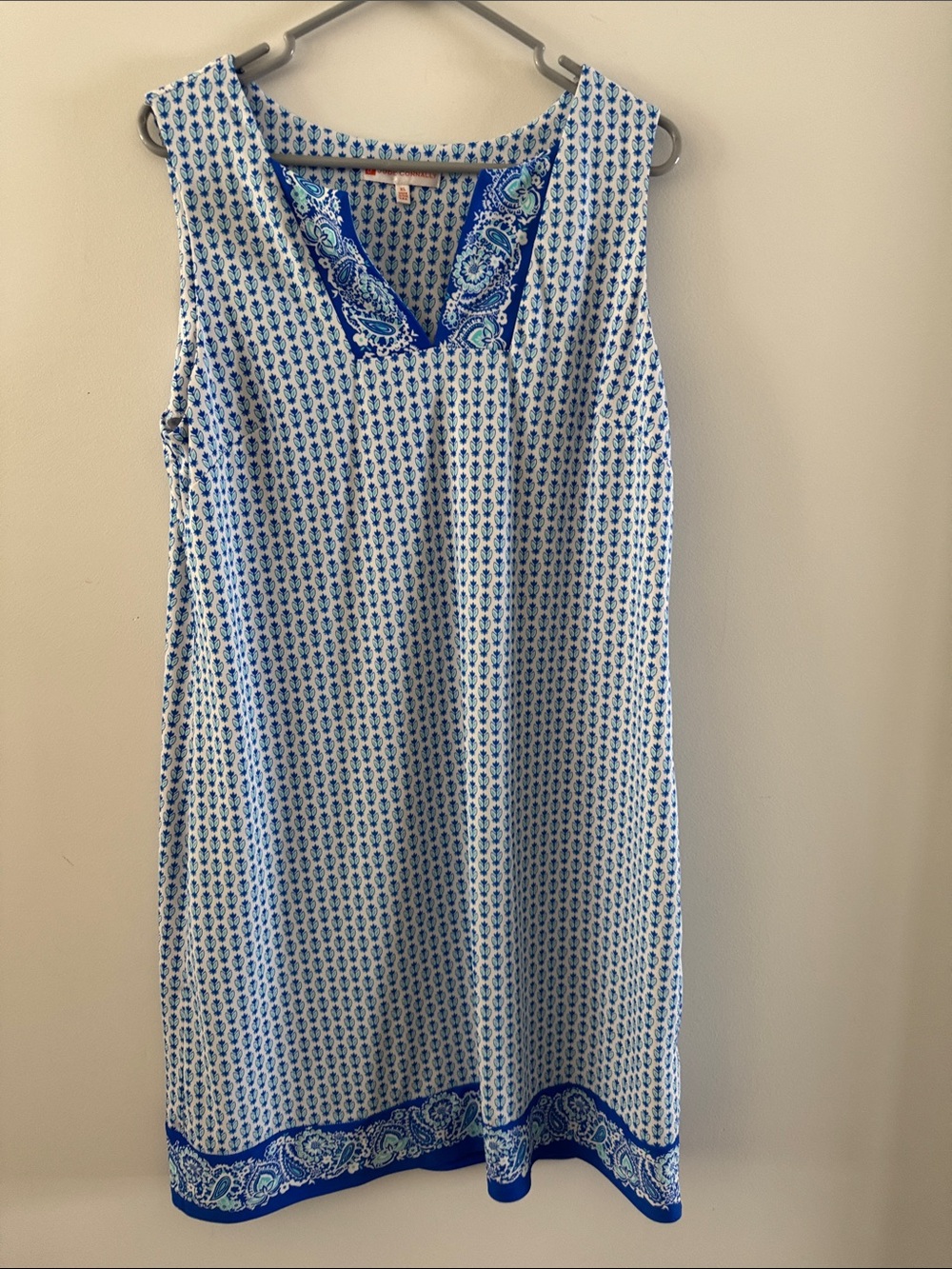 Jude Connally Blue and White Paisley-Trim Sleeveless Midi Dress